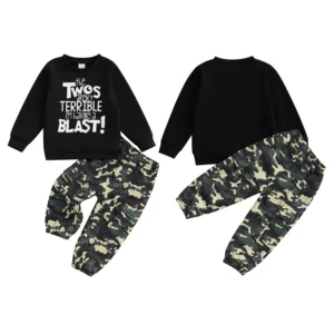 Toddler Boy Outfit. Letter Print Sweatshirt and Camo Pants .