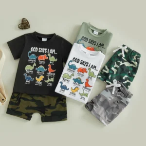 Boys Dino Tee with Camo Shorts. 2-Piece Set.