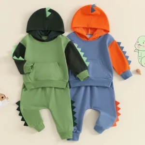Toddler Boy Dinosaur Outfits, Hoodie w/          Elastic Waist Pants. 2 Piece Set