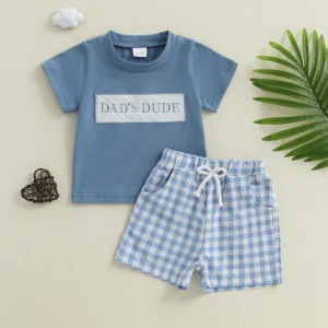 Infant Boys Outfit, T-shirt and Plaid Shorts. 2-Piece Set