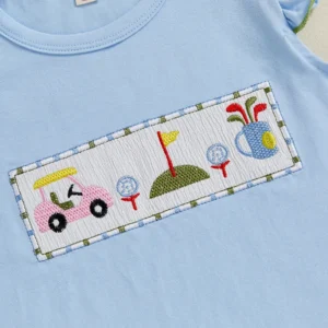 Baby Girls Outfits with Embroider Golf Design Top And Ruffle Plaid Shorts. (1Set)