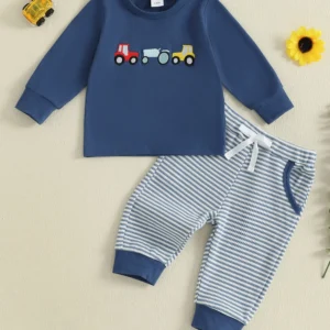 Boys Car Sweatshirt, Striped Pants - 2 Piece