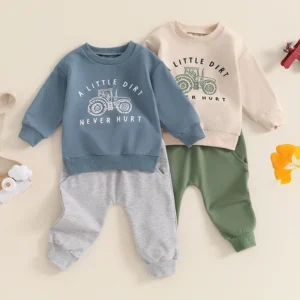 Baby Boy Tractor Letter Print Tops & Pants Set.